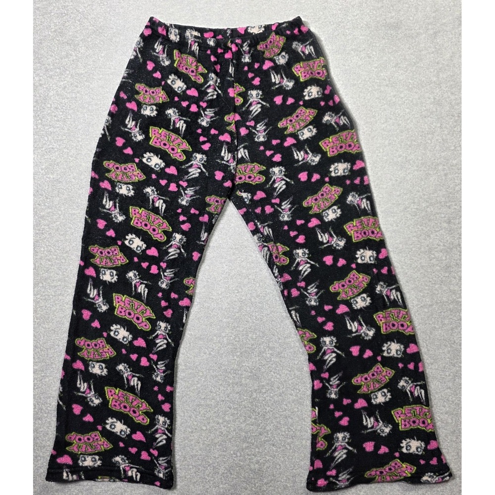 Betty Boop Pajama Pants Womens Large Black Hearts Fleece Lounge Sleepwear